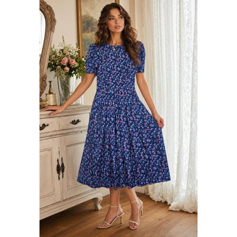 Vintage Karin Stevens Petites Dress Women 6 Blue Floral Prairie Cottagecore Midi